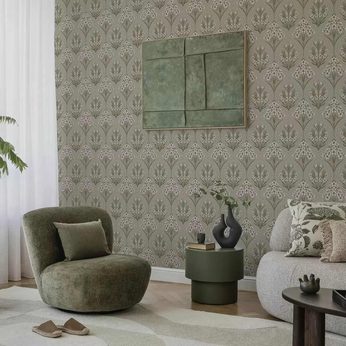 Papel pintado Motivo simétrico de flores blancas sobre fondo gris a00302