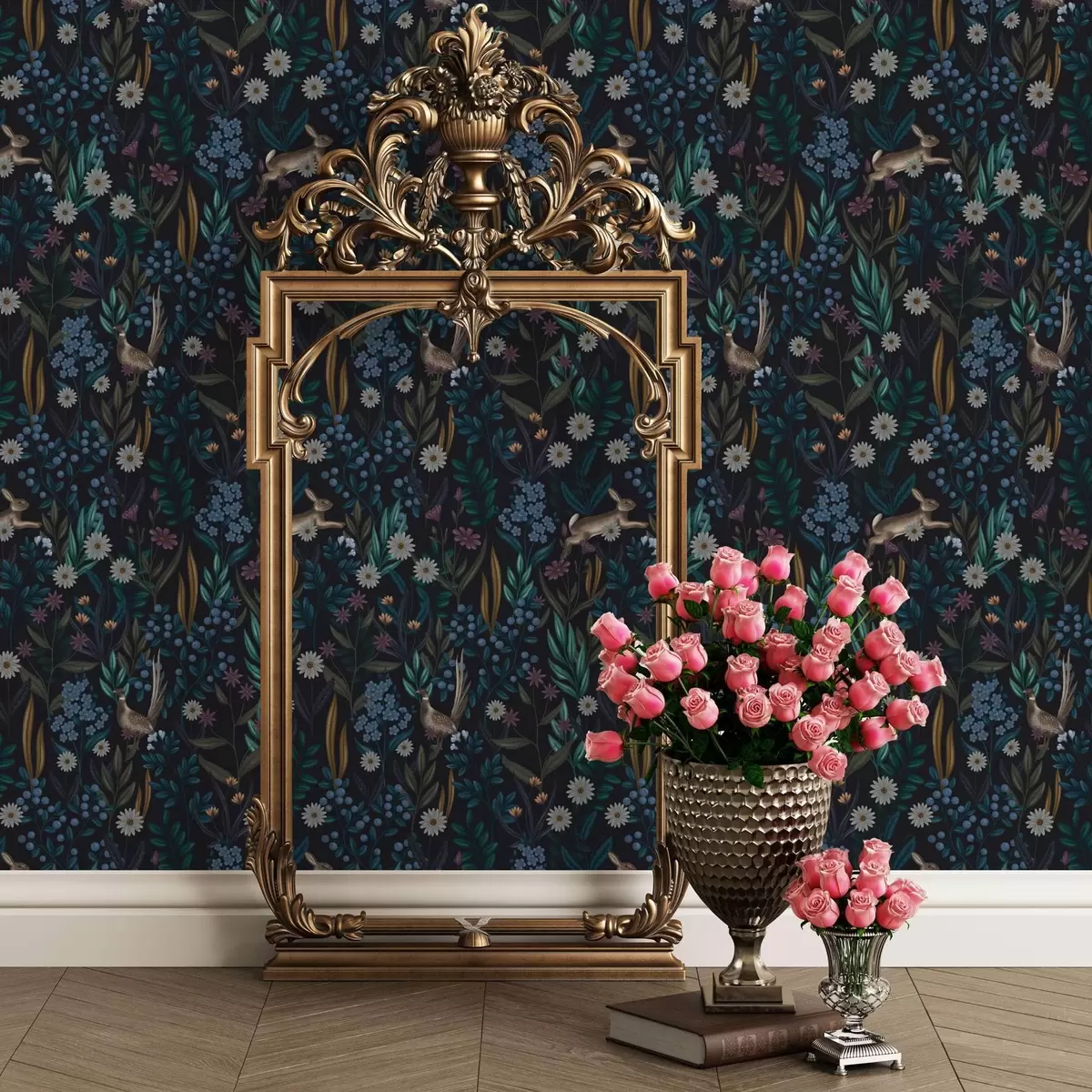 Papel pintado Bosque oscuro con flores, liebre y un pájaro a00310