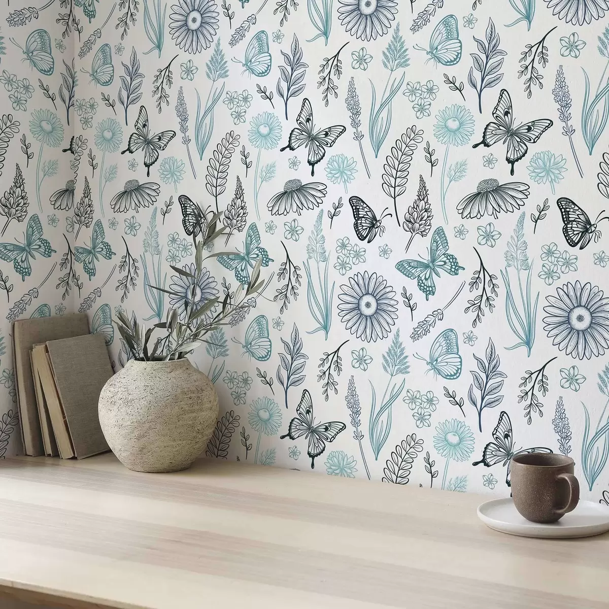 Papel pintado Contorno de mariposas y flores en tonos azules y celestes a00311