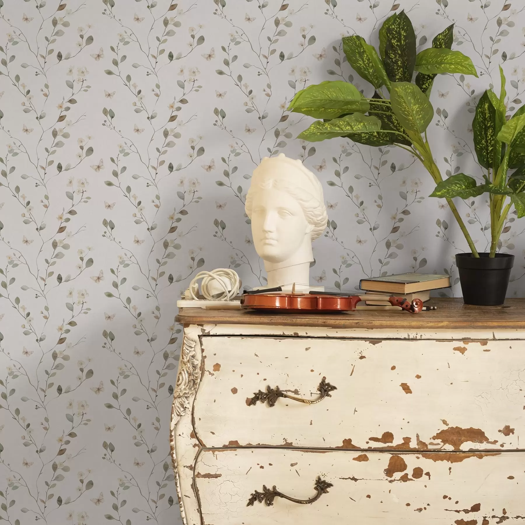 murales de pared Ramas finas con flores y mariposas sobre fondo blanco a00342