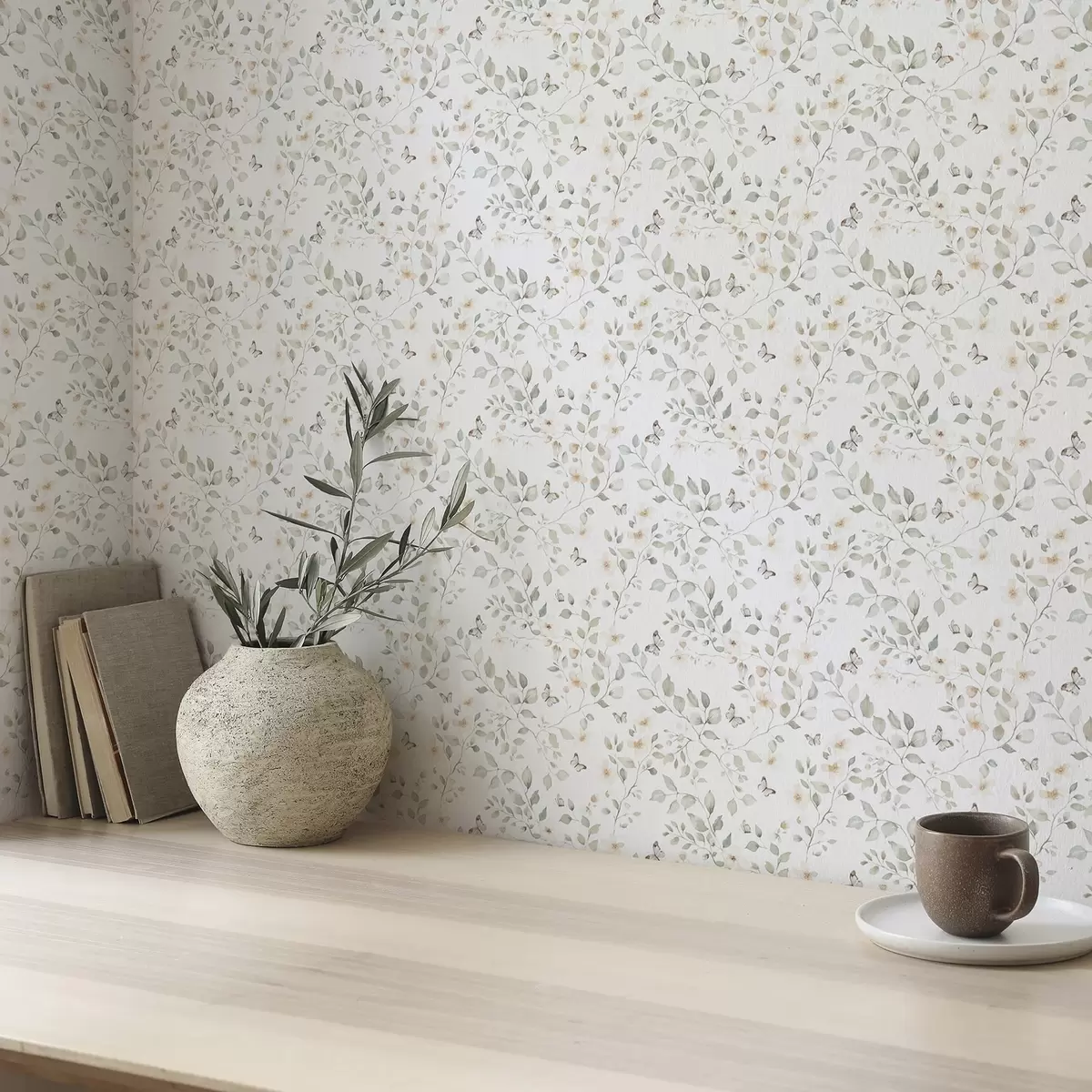 Papel pintado Ramas ligeras con hojas y flores en pequeña repetición a00343