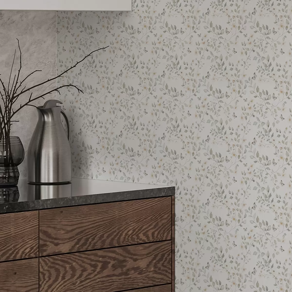 Papel pintado Ramas ligeras con hojas y flores en pequeña repetición a00343