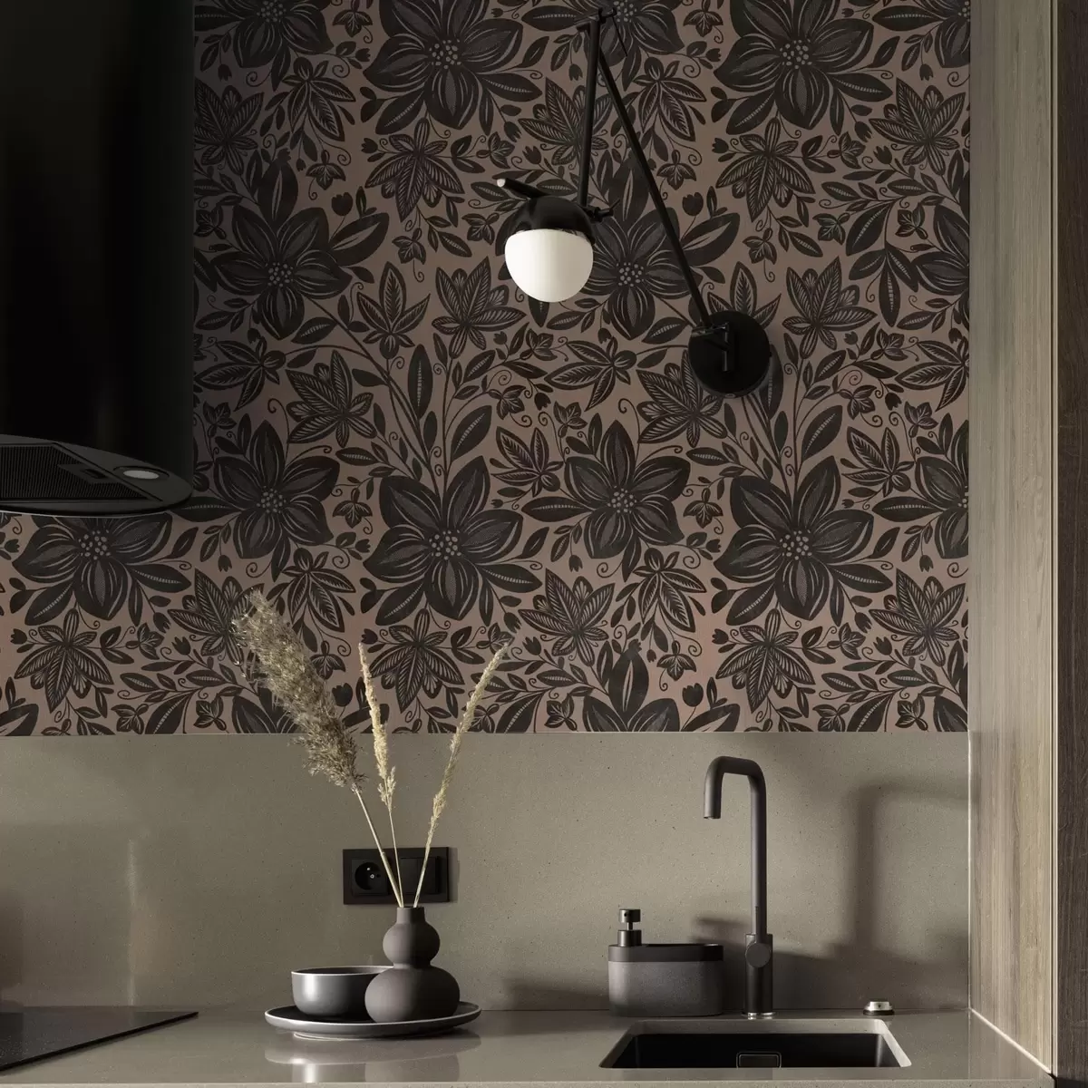 Papel pintado Estampado floral étnico negro y rosa y estampado floral étnico rosa a00351