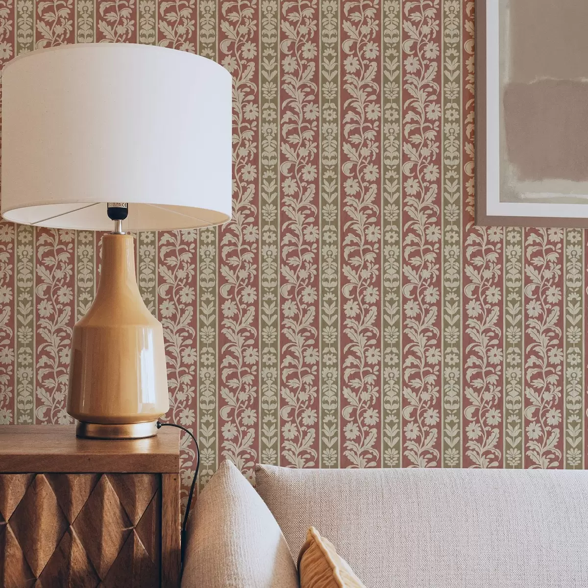 Papel pintado Rayas verticales retro con estampado floral a00362