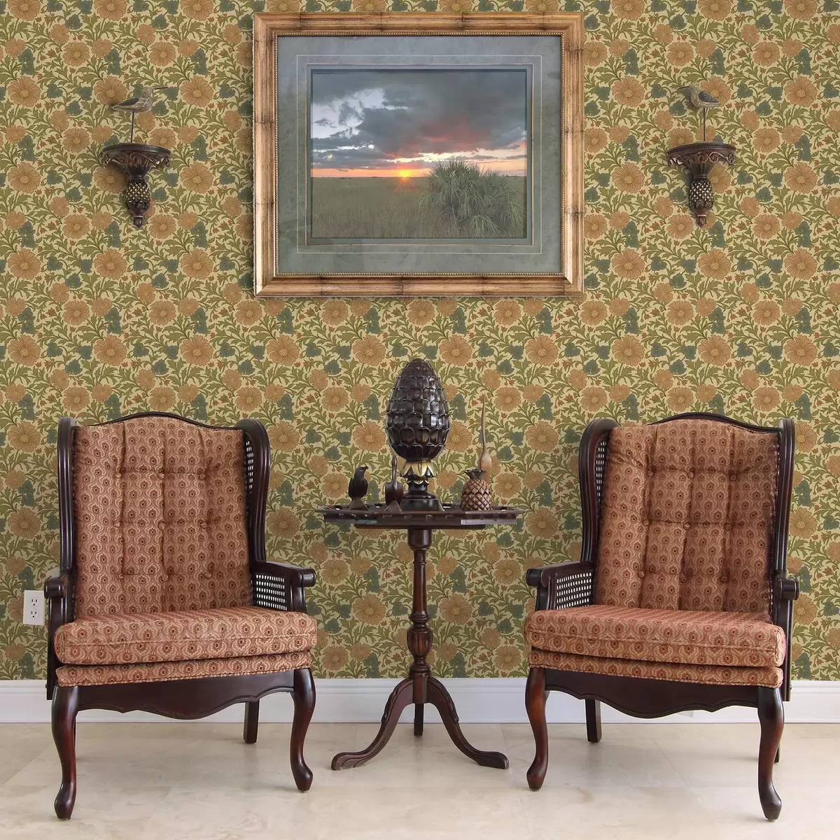 Papel pintado Flores naranjas con hojas en estilo Art Nouveau a00409