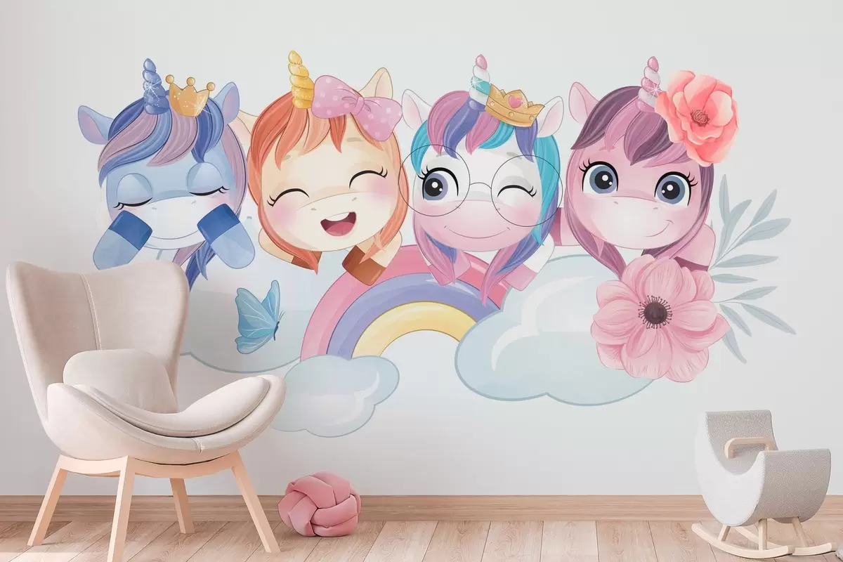murales de pared Bonitos unicornios entre nubes y arco iris w04298