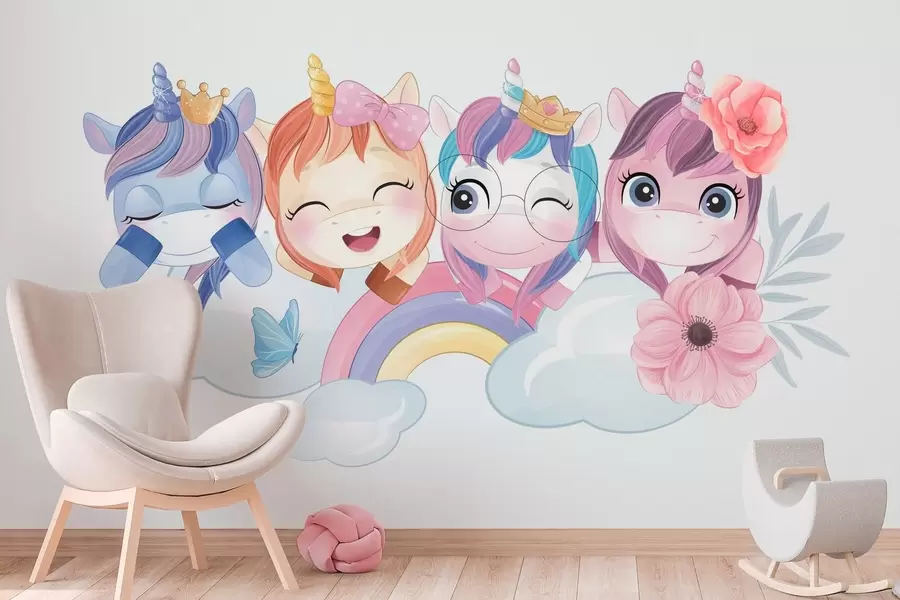 murales de pared Bonitos unicornios entre nubes y arco iris w04298
