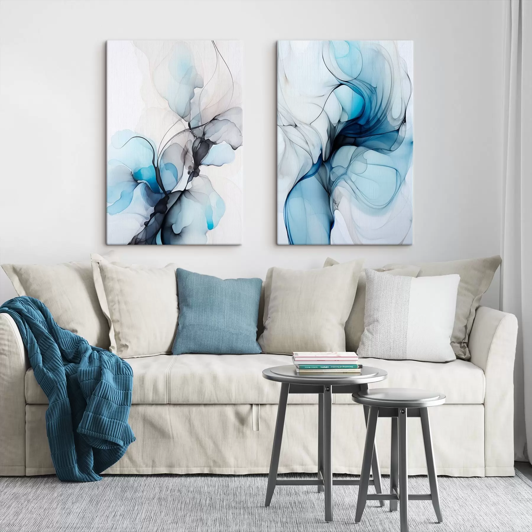 murales de pared Composición abstracta con líneas fluidas y pétalos translúcidos en tonos azul blanco y beige, imitación de tinta de alcohol m00523