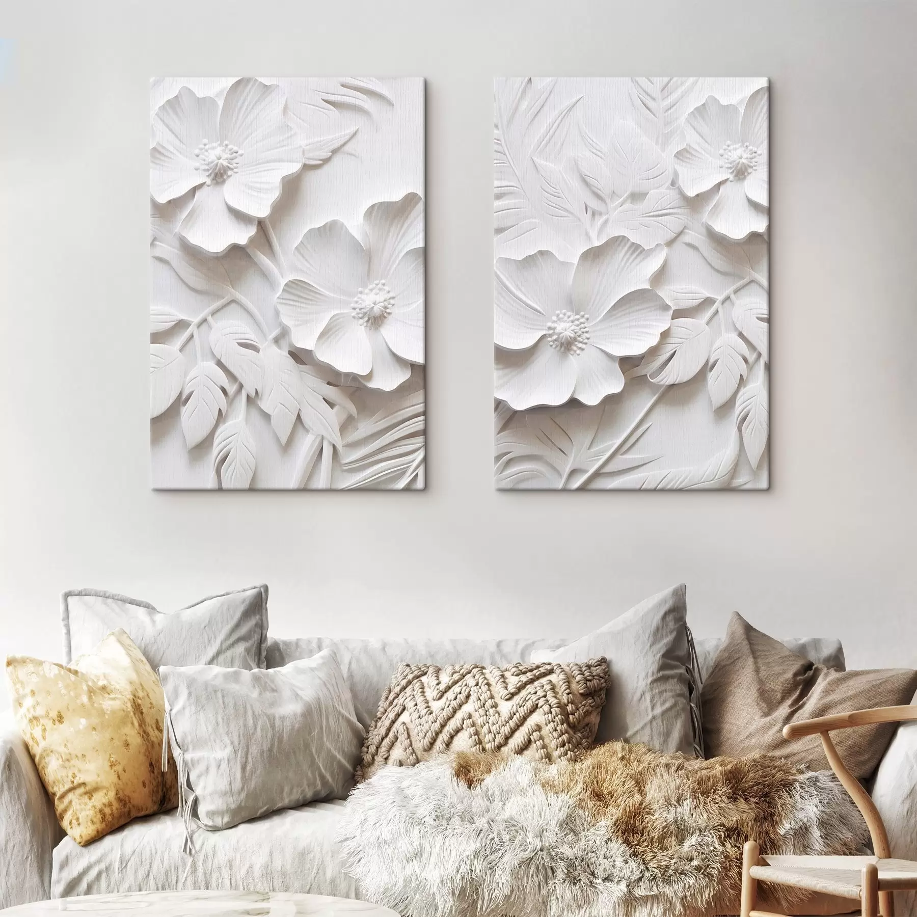 murales de pared Flores blancas minimalistas decorativas con hojas, imitación relieve, fondo blanco m00524