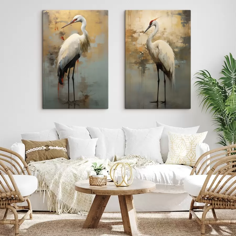 murales de pared Garza blanca sobre un fondo de tonos amarillos, marrones y azules apagados que sugieren un paisaje brumoso y abstracto m00530