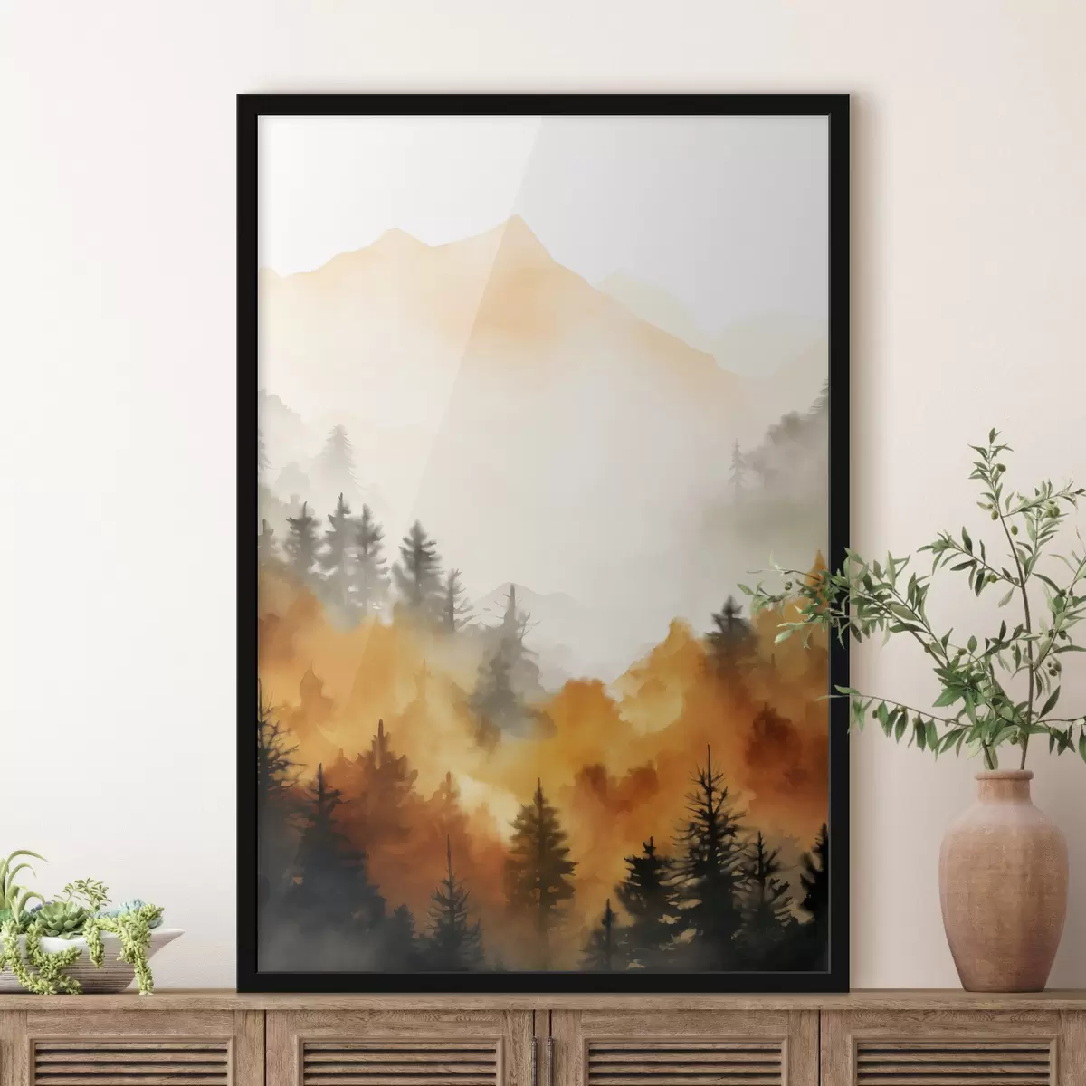 Poster Paisaje pintado a la acuarela que imita un bosque con altos pinos y montañas al fondo f45169