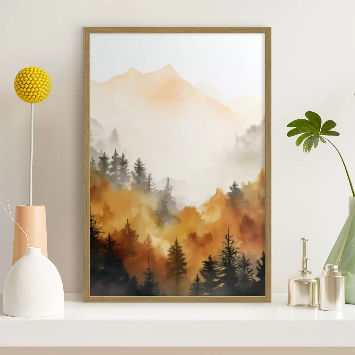 Poster Paisaje pintado a la acuarela que imita un bosque con altos pinos y montañas al fondo f45169