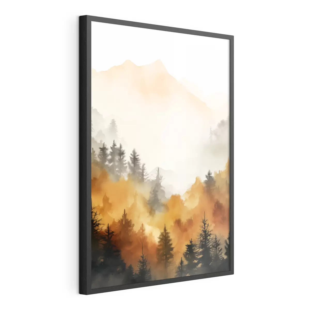 Poster Paisaje pintado a la acuarela que imita un bosque con altos pinos y montañas al fondo f45169
