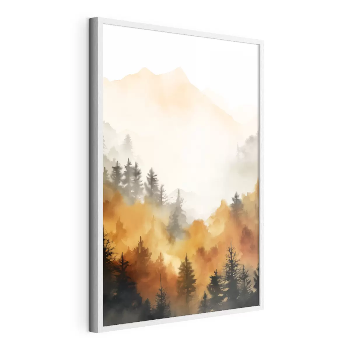Poster Paisaje pintado a la acuarela que imita un bosque con altos pinos y montañas al fondo f45169