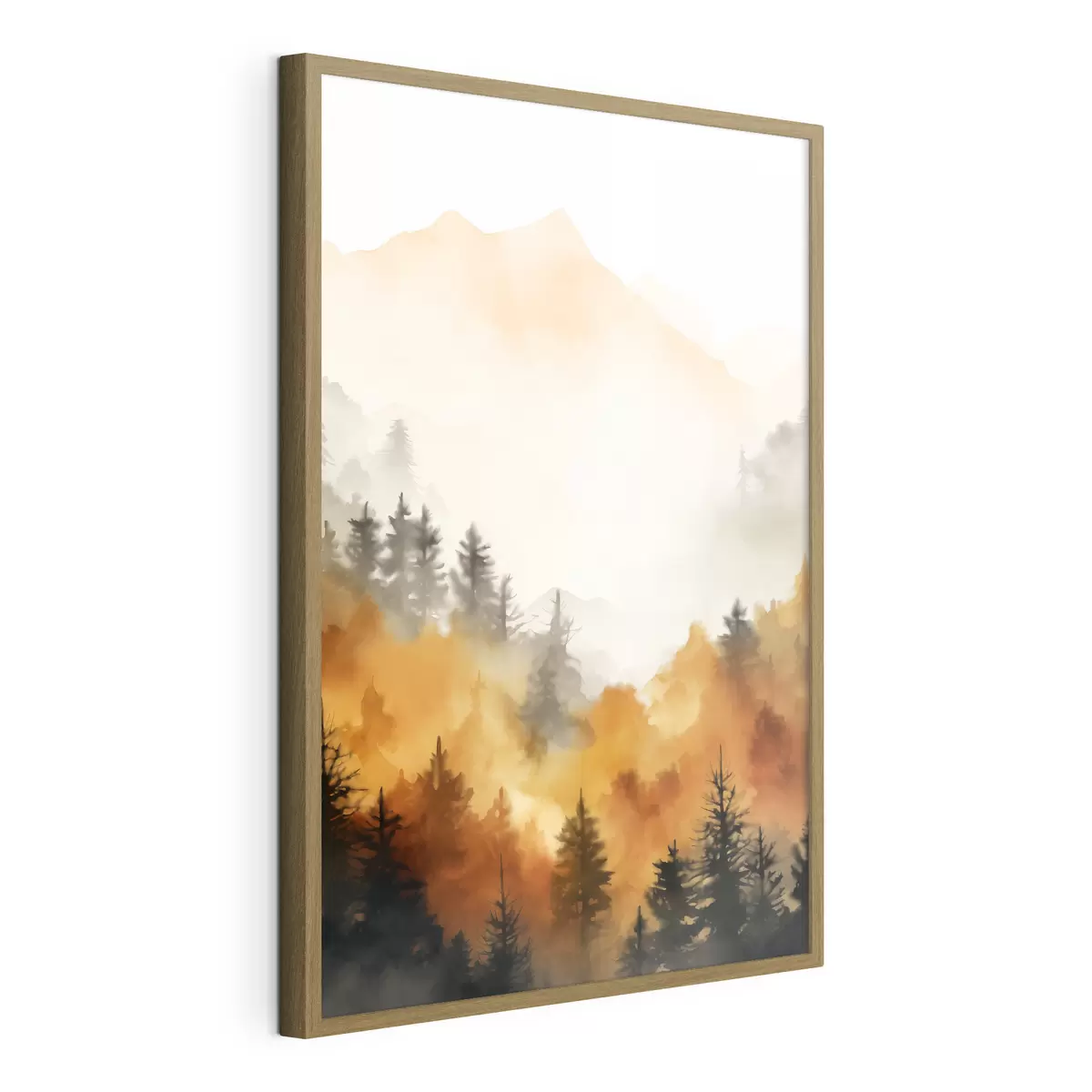 Poster Paisaje pintado a la acuarela que imita un bosque con altos pinos y montañas al fondo f45169
