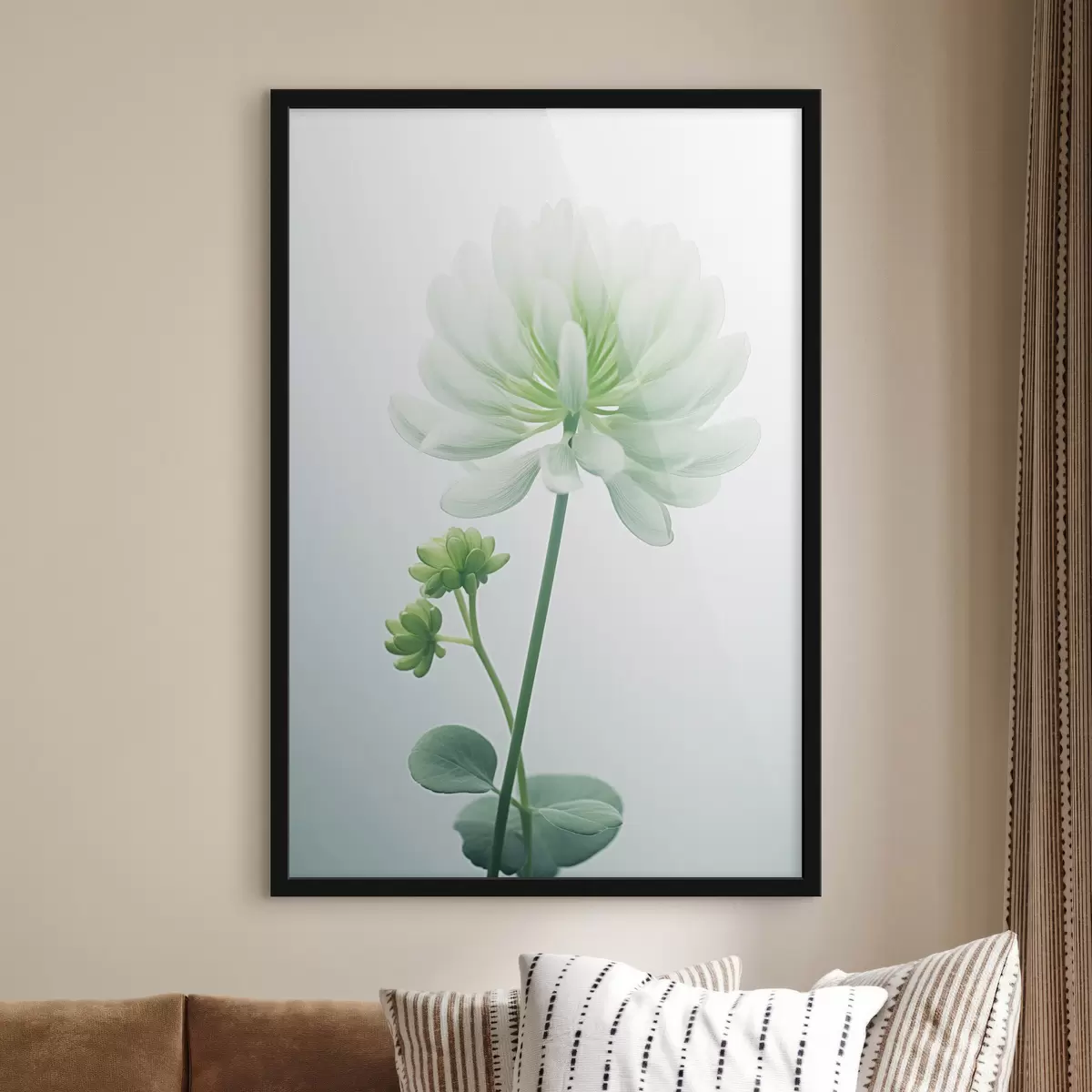Poster Flor de trébol blanco con tallo y hojas verdes, iluminación suave, fondo limpio, composición minimalista, botánica f45171