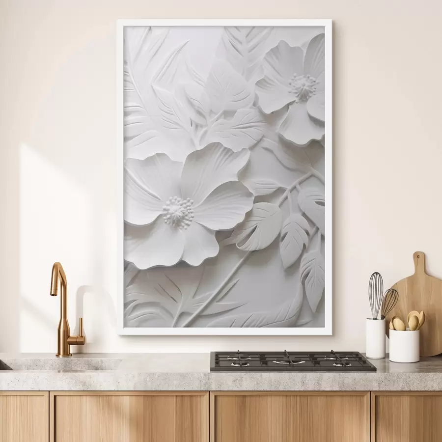 murales de pared Flores blancas minimalistas decorativas con hojas, imitación relieve, fondo blanco f45180