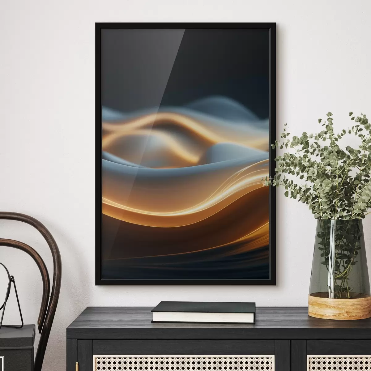 Poster Formas abstractas fluidas con líneas naranjas, curvas y líneas suaves, composición dinámica, fondo oscuro f45184