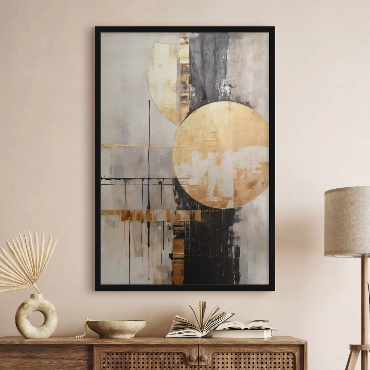 Poster Cuadro abstracto con círculos, líneas negras y amarillas, y un fondo con tonos grises y blancos f45185