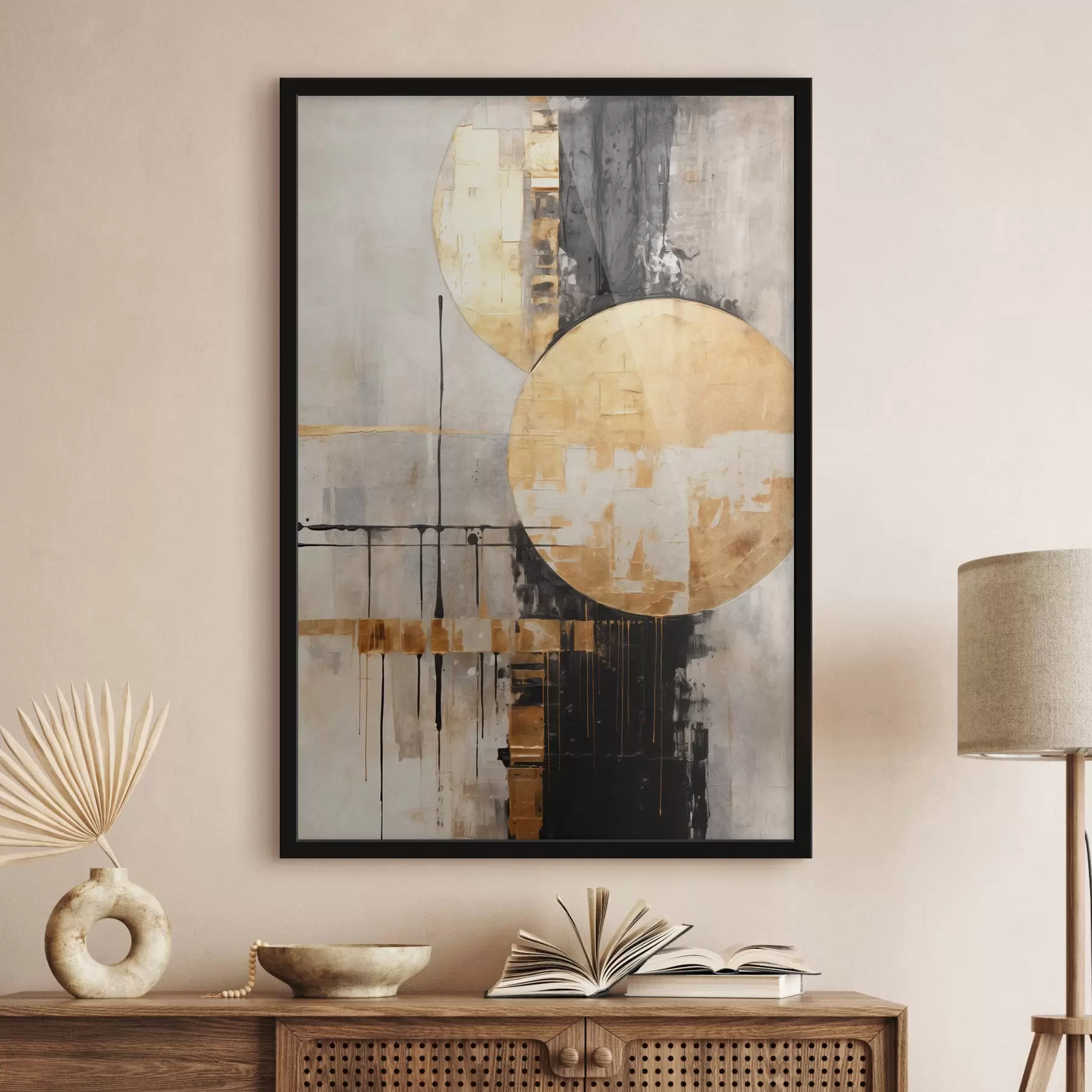 murales de pared Cuadro abstracto con círculos, líneas negras y amarillas, y un fondo con tonos grises y blancos f45185