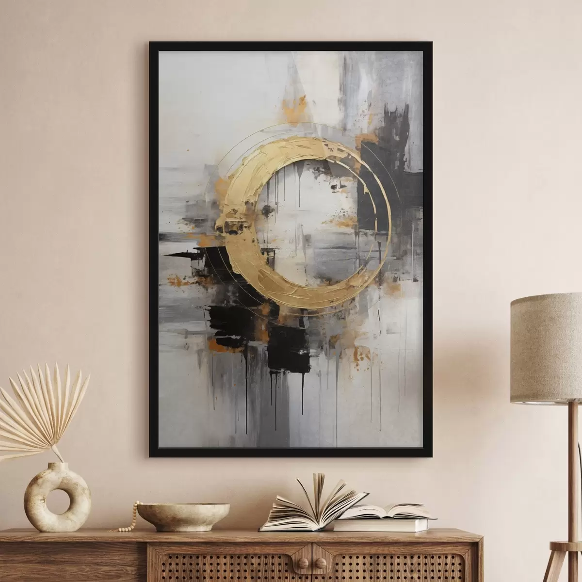 Poster Cuadro abstracto con círculos, líneas negras y amarillas, y un fondo con tonos grises y blancos f45186