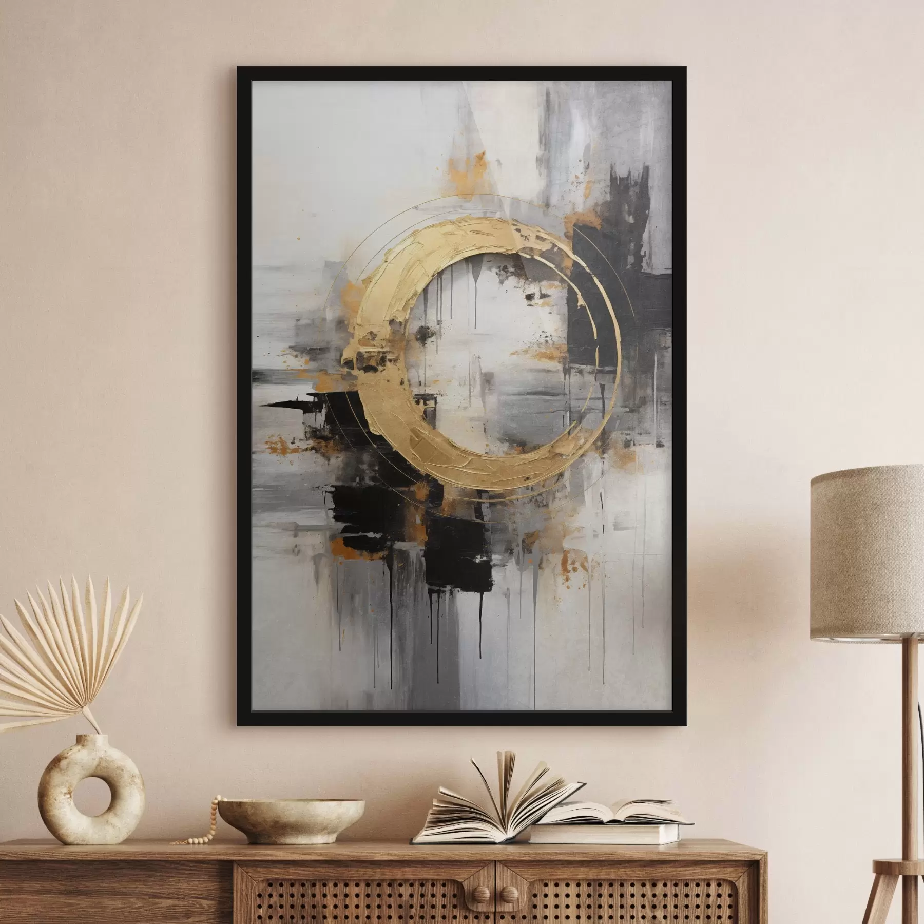 murales de pared Cuadro abstracto con círculos, líneas negras y amarillas, y un fondo con tonos grises y blancos f45186