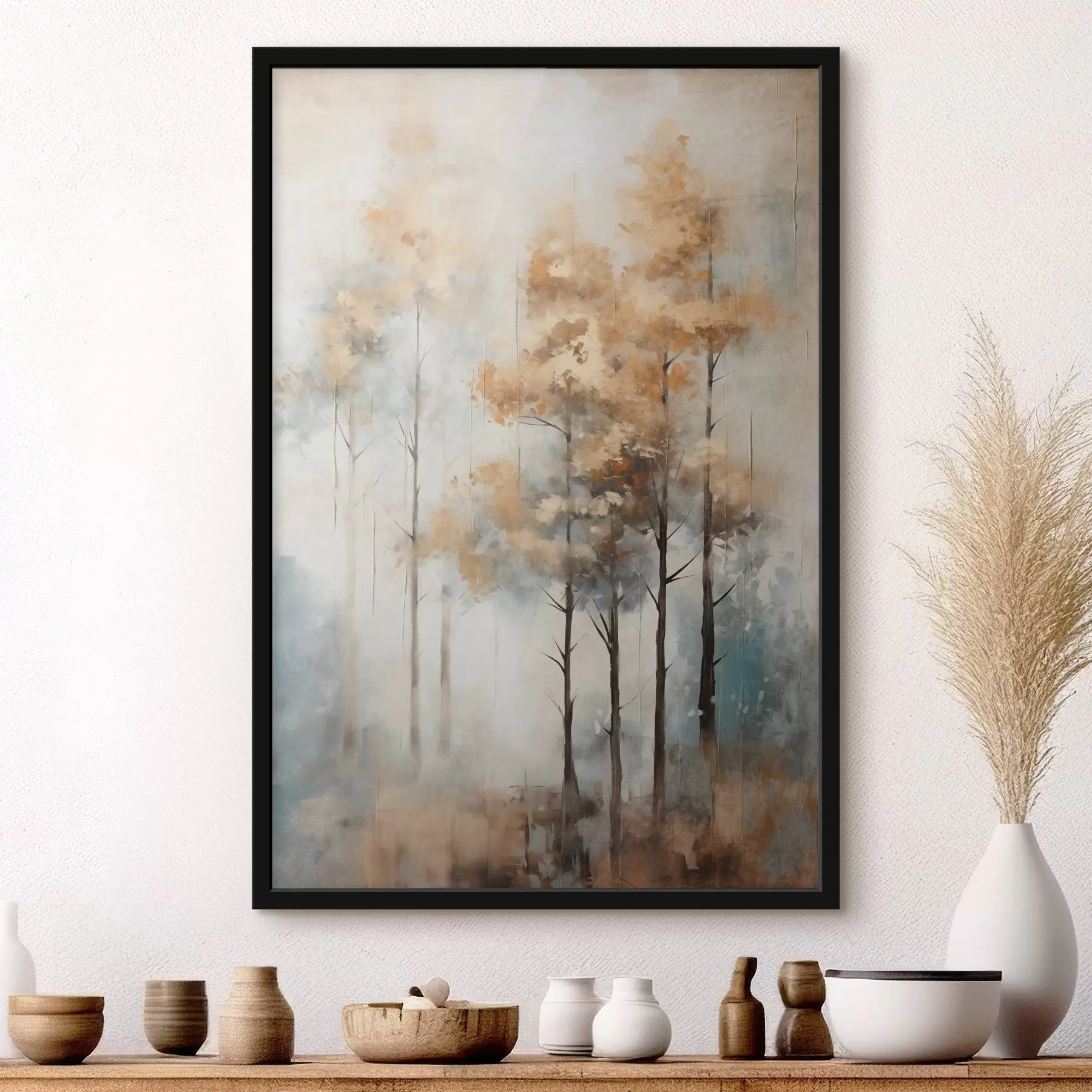 murales de pared Árboles altos con textura y hojas amarillas en un bosque , el fondo es una mezcla de suaves tonos azules y marrones f45187