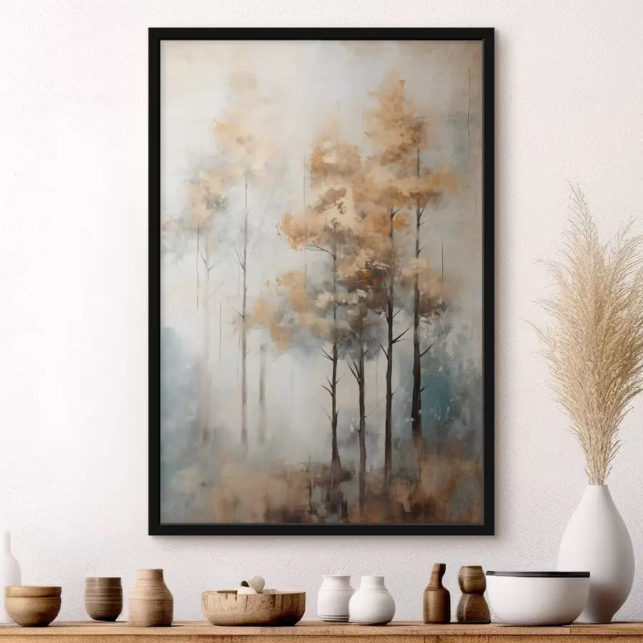 murales de pared Árboles altos con textura y hojas amarillas en un bosque , el fondo es una mezcla de suaves tonos azules y marrones f45187