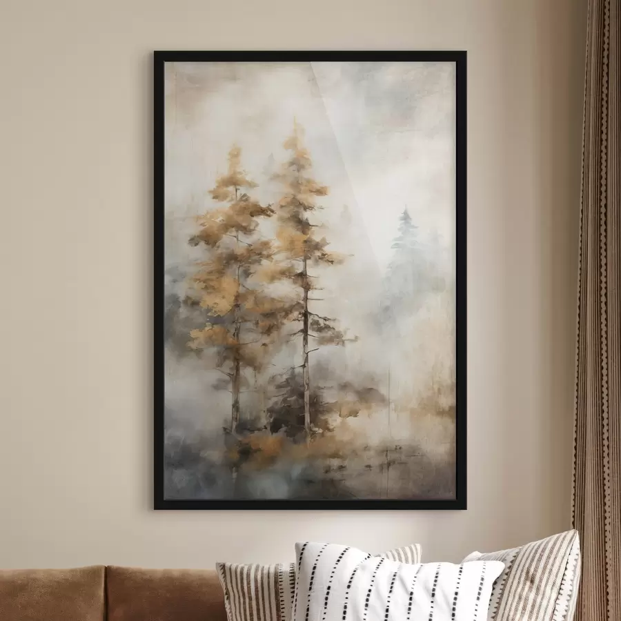 murales de pared Árboles altos con textura y hojas amarillas en un bosque , el fondo es una mezcla de suaves tonos azules y marrones f45188