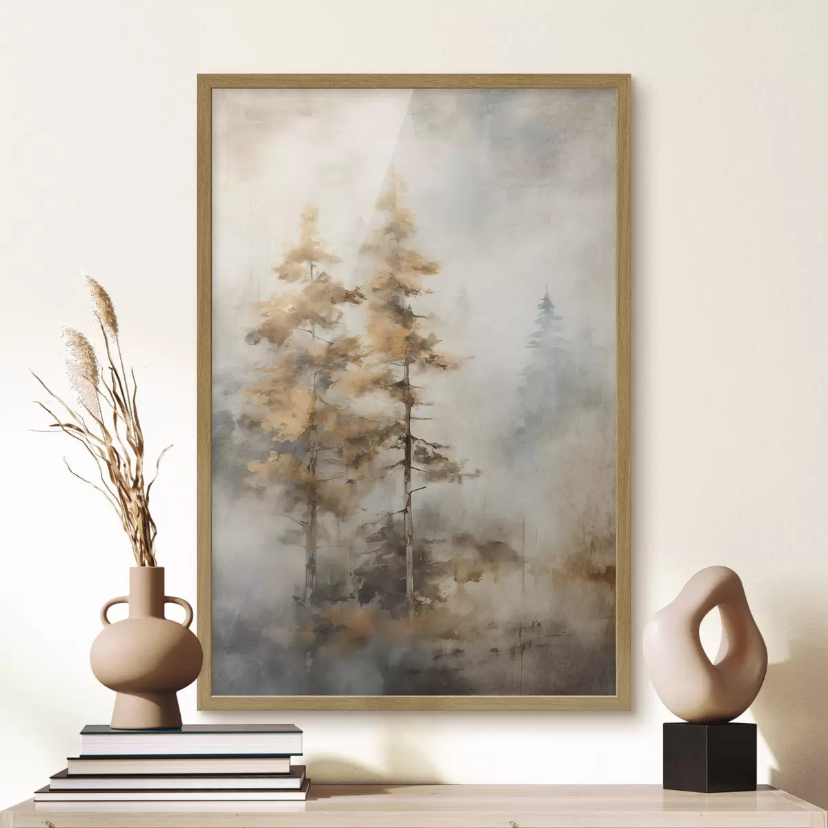 Poster Árboles altos con textura y hojas amarillas en un bosque , el fondo es una mezcla de suaves tonos azules y marrones f45188