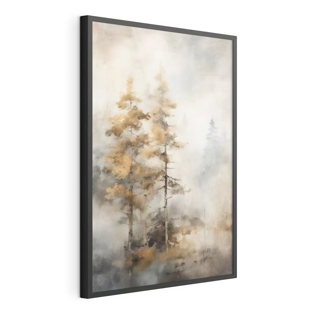 Poster Árboles altos con textura y hojas amarillas en un bosque , el fondo es una mezcla de suaves tonos azules y marrones f45188