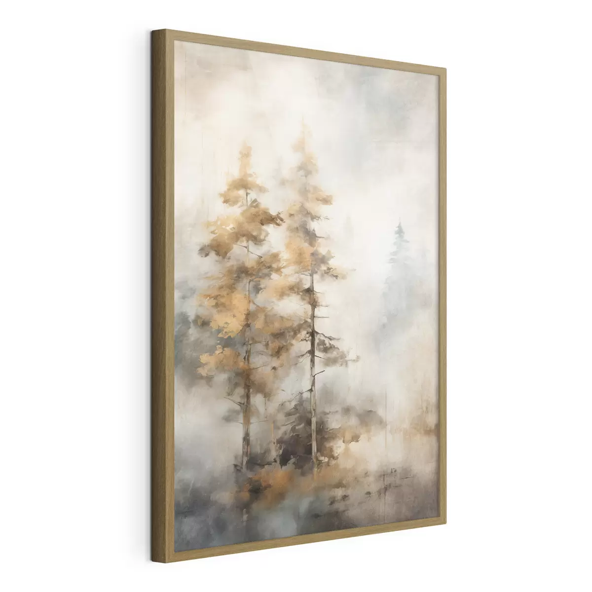Poster Árboles altos con textura y hojas amarillas en un bosque , el fondo es una mezcla de suaves tonos azules y marrones f45188