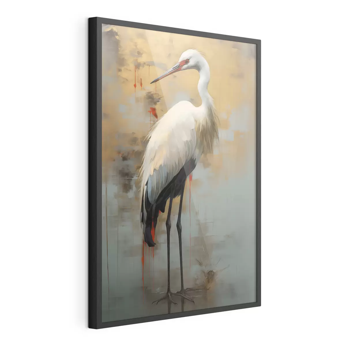 Poster Garza blanca sobre un fondo de tonos amarillos, marrones y azules apagados que sugieren un paisaje brumoso y abstracto f45191