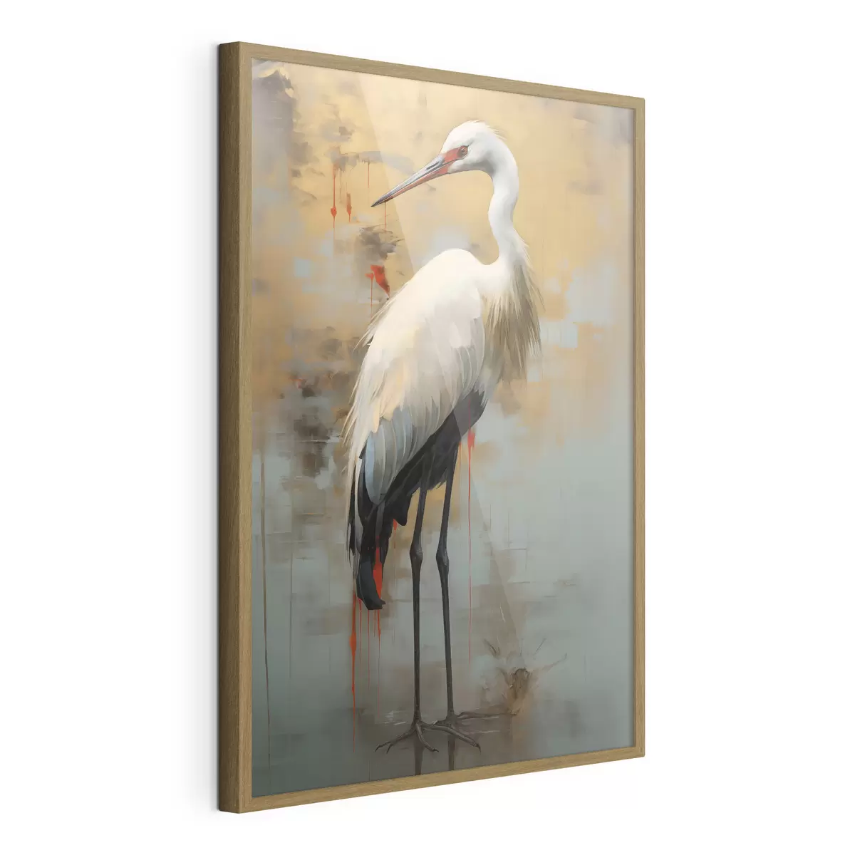 Poster Garza blanca sobre un fondo de tonos amarillos, marrones y azules apagados que sugieren un paisaje brumoso y abstracto f45191