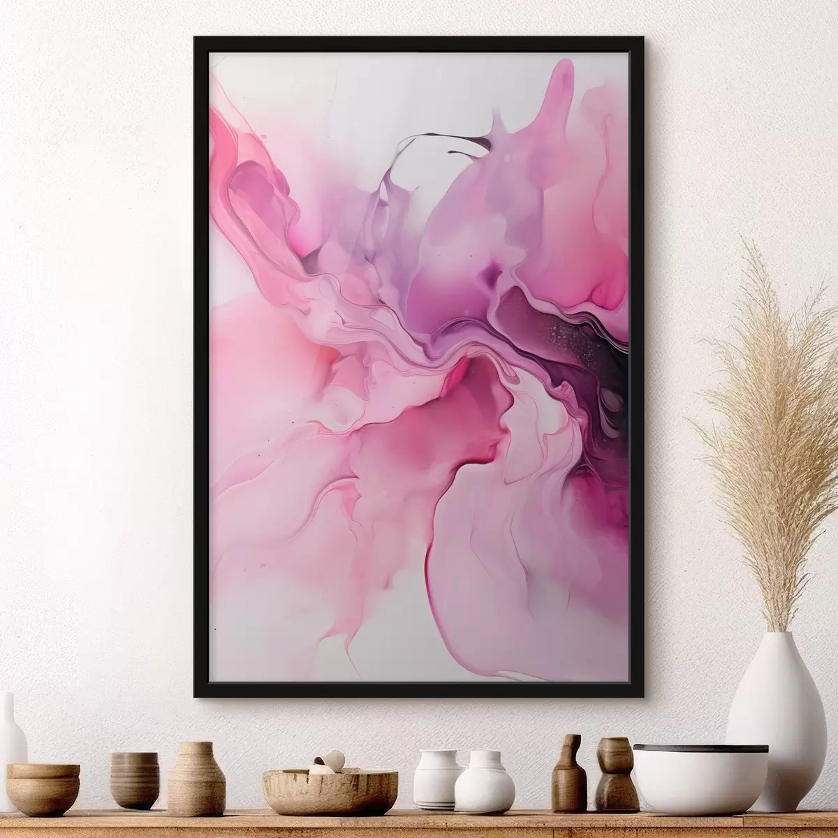 Poster Remolinos abstractos de color rosa, morado y negro se mezclan en una composición fluida y orgánica, creando una sensación de movimiento f45195