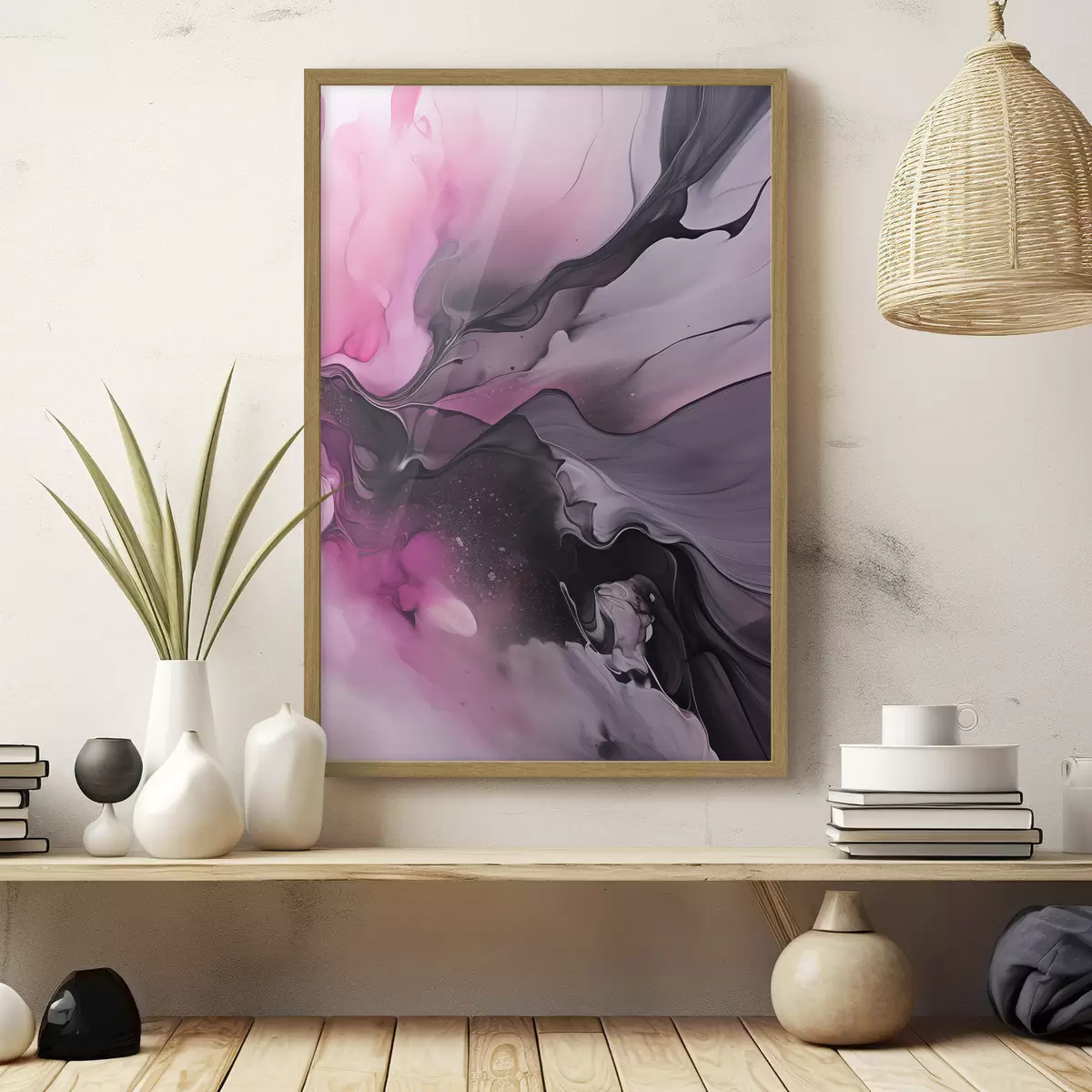 Poster Remolinos abstractos de color rosa, morado y negro se mezclan en una composición fluida y orgánica, creando una sensación de movimiento f45196