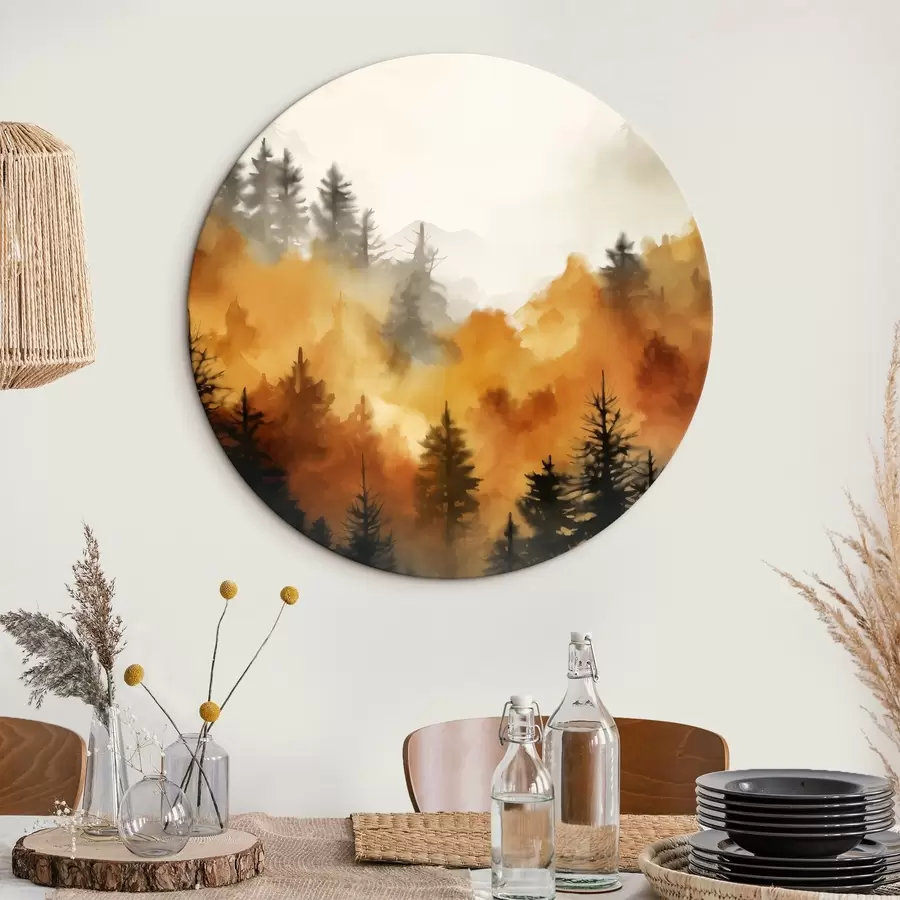 murales de pared Paisaje pintado a la acuarela que imita un bosque con altos pinos y montañas al fondo r45169