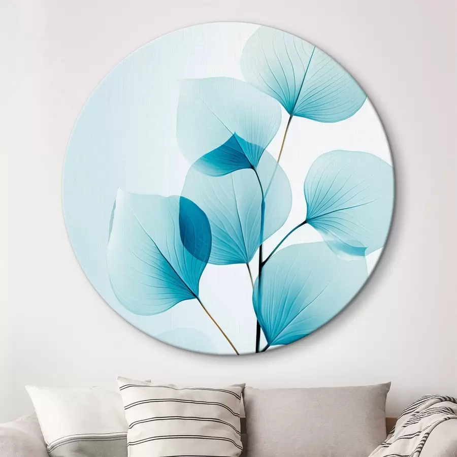 murales de pared Rama con hojas azul translúcido, delicadas venas visibles, composición ligera y tranquila, estética minimalista r45175