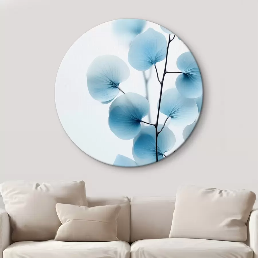 murales de pared Rama con hojas azul translúcido, delicadas venas visibles, composición ligera y tranquila, estética minimalista r45176