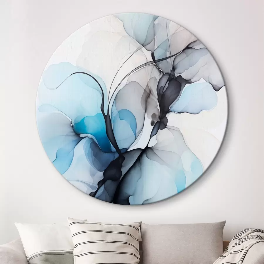 murales de pared Composición abstracta con líneas fluidas y pétalos translúcidos en tonos azul blanco y beige, imitación de tinta de alcohol r45177