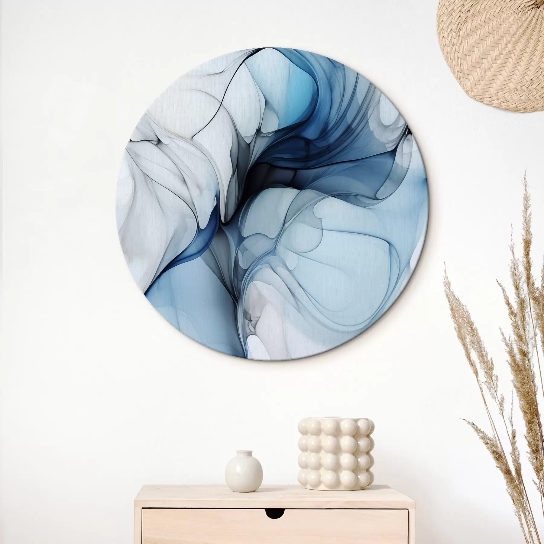 murales de pared Composición abstracta con líneas fluidas y pétalos translúcidos en tonos azul blanco y beige, imitación de tinta de alcohol r45178