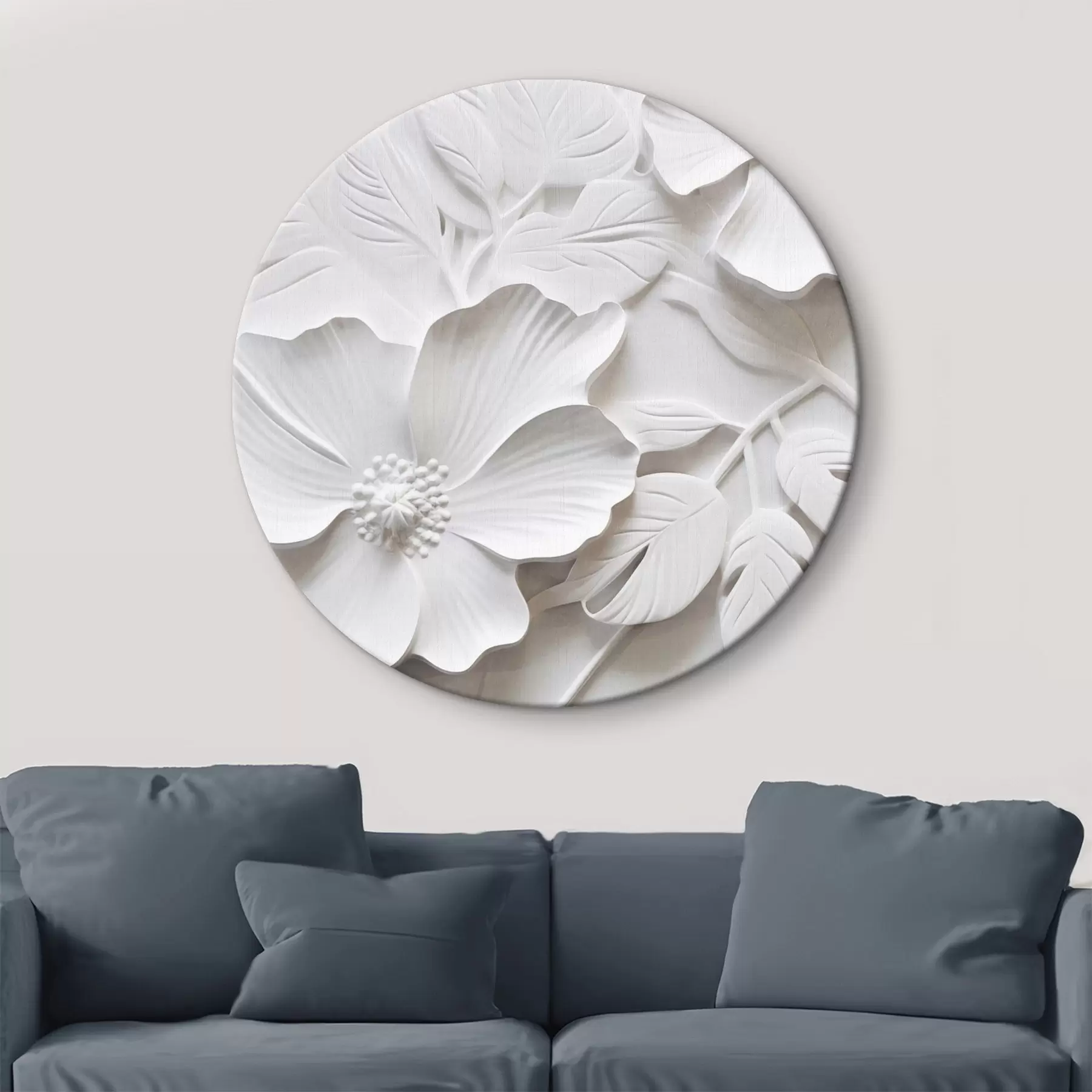 murales de pared Flores blancas minimalistas decorativas con hojas, imitación relieve, fondo blanco r45180
