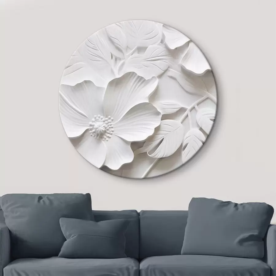 murales de pared Flores blancas minimalistas decorativas con hojas, imitación relieve, fondo blanco r45180