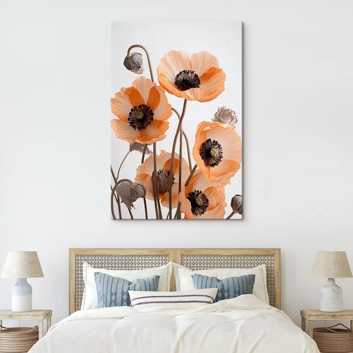 murales de pared Amapolas naranjas, flores secas sobre fondo claro, iluminación suave, pétalos delicados, arreglo floral s45167