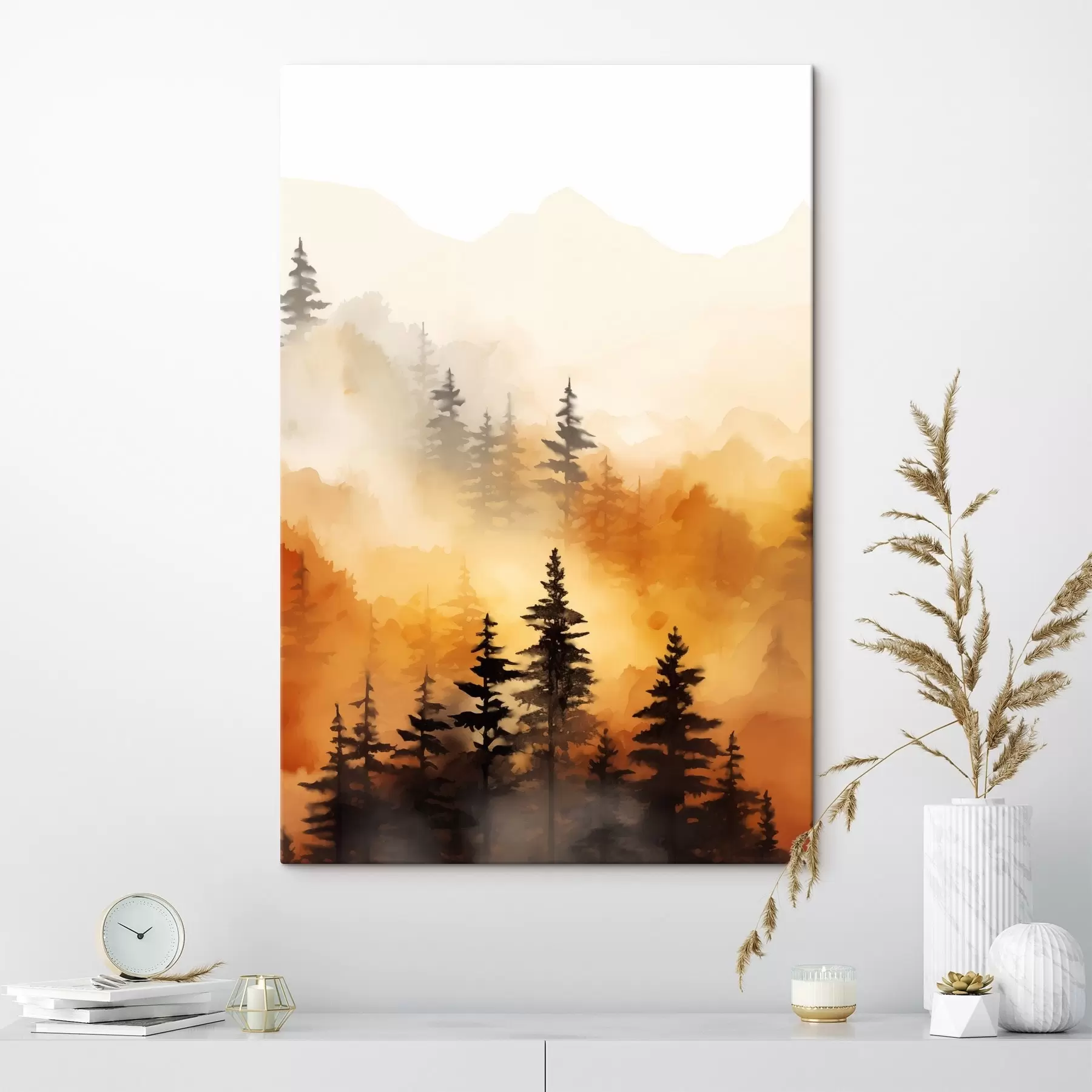 murales de pared Paisaje pintado a la acuarela que imita un bosque con altos pinos y montañas al fondo s45170