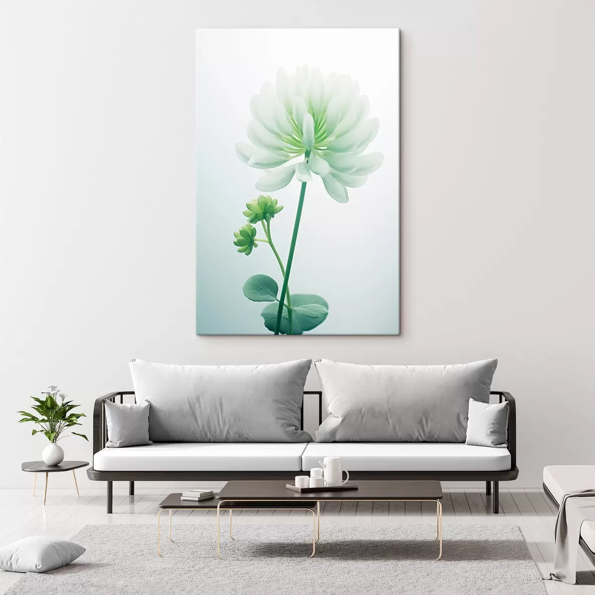 murales de pared Flor de trébol blanco con tallo y hojas verdes, iluminación suave, fondo limpio, composición minimalista, botánica s45171