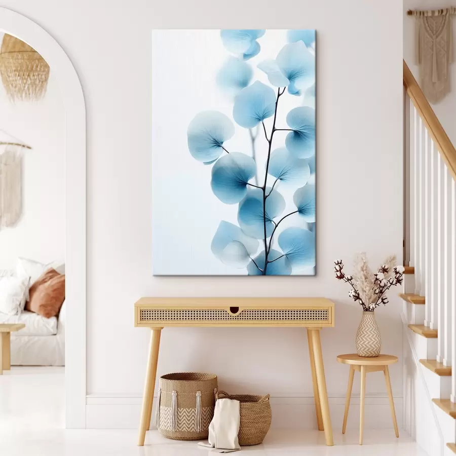 murales de pared Rama con hojas azul translúcido, delicadas venas visibles, composición ligera y tranquila, estética minimalista s45176