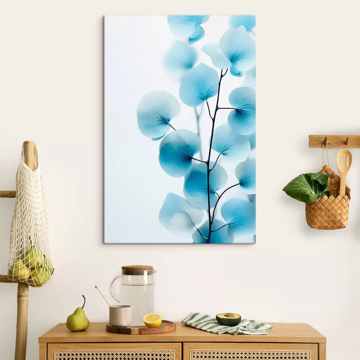 murales de pared Rama con hojas azul translúcido, delicadas venas visibles, composición ligera y tranquila, estética minimalista s45176