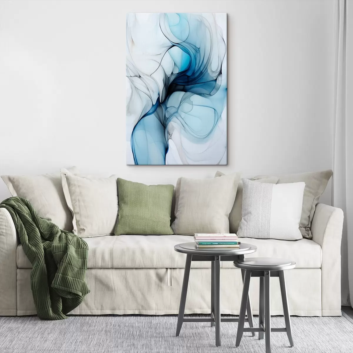 murales de pared Composición abstracta con líneas fluidas y pétalos translúcidos en tonos azul blanco y beige, imitación de tinta de alcohol s45178