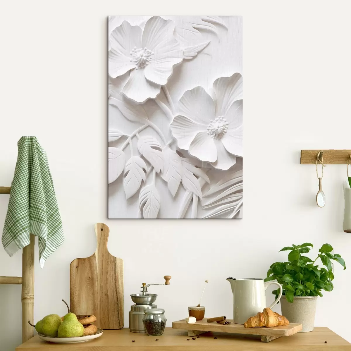 murales de pared Flores blancas minimalistas decorativas con hojas, imitación relieve, fondo blanco s45179